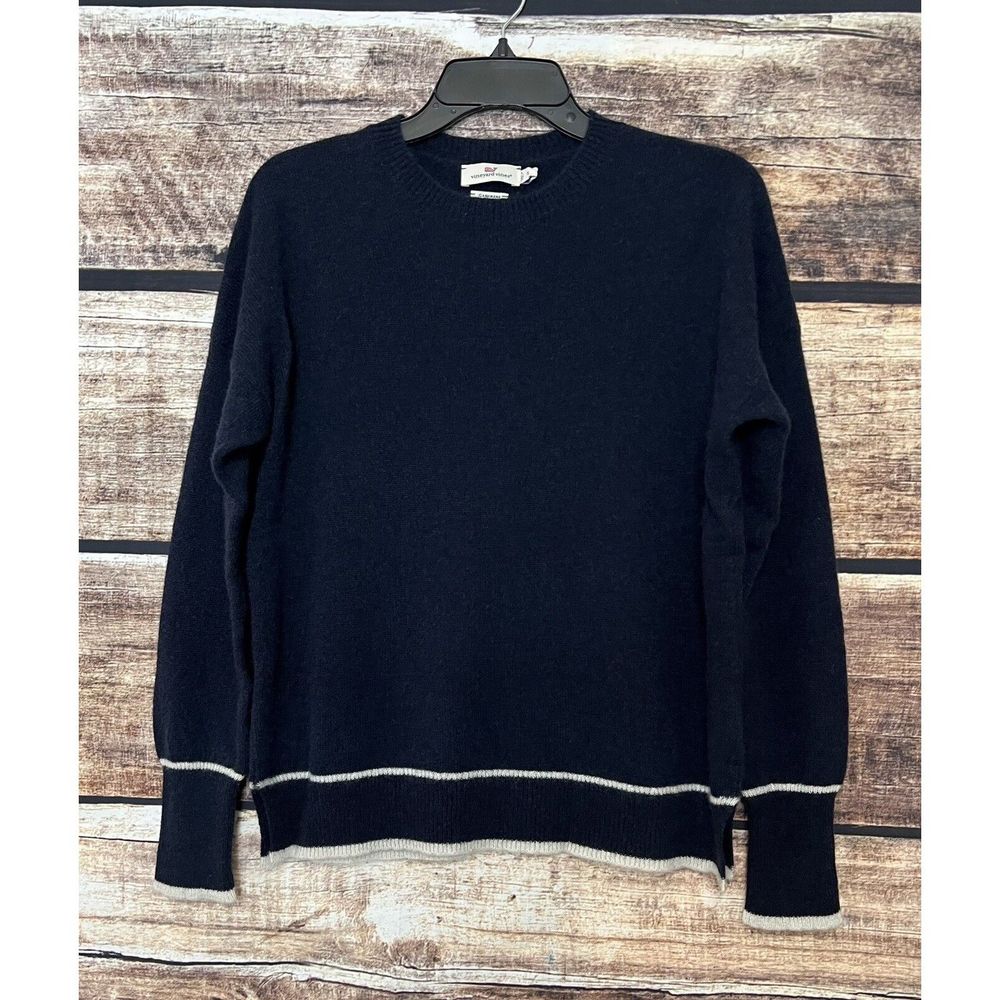 Vineyard Vines Lofty CASHMERE Crewneck Sweater Deep Bay Navy Slits S $248 - Picture 1 of 7